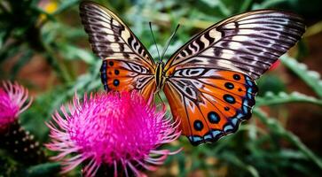 ai généré coloré papillon sur une fleur, abstrait coloré papillon sur abstrait coloré arrière-plan, coloré backgrounnd fond d'écran, abstrait coloré papillon sur coloré feuille photo