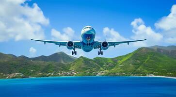 ai généré avion dans le bleu ciel, avion dans le ciel, en volant avion dans le air, fermer de une avion photo