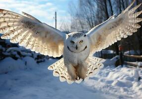 ai généré hibou dans vol atterrissage sur le neigeux sol avec ouvert ailes. hiver temps. photo