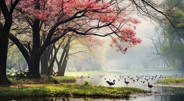 ai généré l'automne dans le parc, des arbres dans le parc, l'automne saison, l'automne scène dans le parc, magnifique des arbres dans l'automne photo