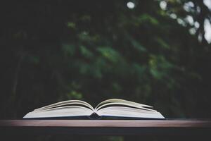 livre ouvert sur une table en bois à l'extérieur photo