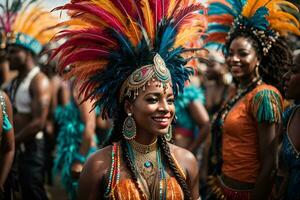 ai généré une femme dans une carnaval costume avec plumes sur sa tête photo