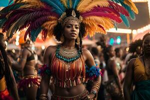 ai généré une femme dans une carnaval costume avec plumes sur sa tête photo