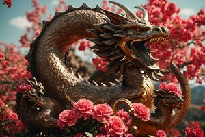 ai généré une statue de une dragon entouré par fleurs photo