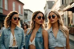 ai généré mode femmes copains portant des lunettes de soleil dans été vêtements en jean photo