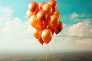 ai généré bouquet de rouge et Orange de fête des ballons dans le ciel photo