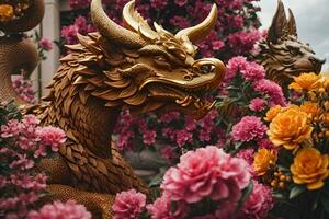 ai généré une statue de une dragon entouré par fleurs photo