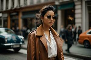 ai généré mode. Jeune élégant femme en marchant sur le ville rue à la recherche de côté curieuse photo