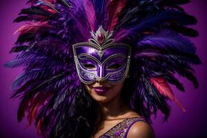 ai généré une carnaval masque avec plumes sur une violet Contexte photo