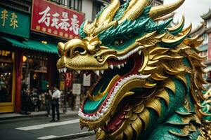 ai généré une proche en haut de une dragon statue sur une ville rue une numérique La peinture photo