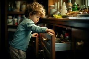 ai généré aventureux enfant explorant cuisine tiroir. produire ai photo