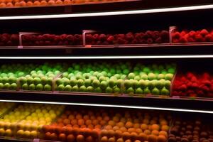 ai généré supermarché des légumes vitrine avec différent des fruits et des légumes. neural réseau ai généré photo