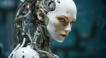 ai généré portrait de une ai robot, bionique robot affronter, portrait de une robot, robotique visage photo