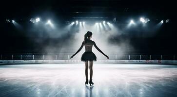 ai généré figure patinage scène, figure patineur Faire des trucs dans la glace dans professionnel stade, figure patineur sur le la glace photo