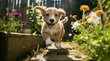 ai généré de bonne humeur chiot profiter jardin jouer photo