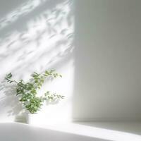 ai généré intérieur pièce avec blanc mur, étagère, et plante. photo