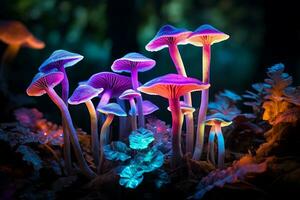 ai généré enchanteur la magie fluorescent champignon forêt. produire ai photo