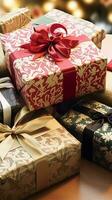 ai généré vacances cadeaux et cadeaux, pays chalet style enveloppé cadeau des boites pour boxe jour, Noël, valentines journée et vacances achats vente, beauté boîte livraison photo