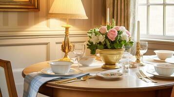 ai généré vacances fête table décor, de fête paysage de table dans à manger chambre, bougies et fleurs décoration pour formel famille dîner dans le Anglais pays loger, campagne intérieur conception photo