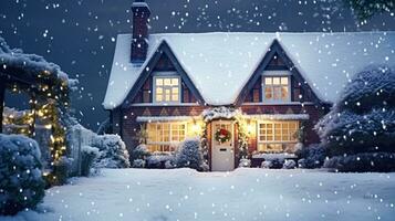 Noël dans le campagne, chalet et jardin décoré pour vacances sur une neigeux hiver soir avec neige et vacances lumières, Anglais pays coiffant photo