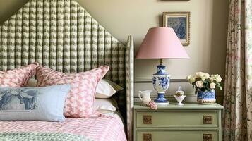 ai généré Anglais chalet chambre intérieur avec rose et sauge vert décor photo