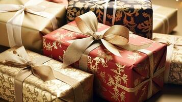 ai généré vacances cadeaux et cadeaux, pays chalet style enveloppé cadeau des boites pour boxe jour, Noël, valentines journée et vacances achats vente, beauté boîte livraison photo