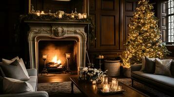 ai généré Noël à le manoir, Anglais campagne décoration et intérieur décor photo