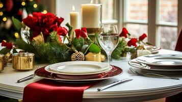 ai généré Noël vacances famille petit-déjeuner, table réglage décor et de fête paysage de table, Anglais pays et Accueil coiffant photo