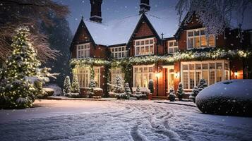 ai généré Noël dans le campagne manoir, Anglais pays maison Manoir décoré pour vacances sur une neigeux hiver soir avec neige et vacances lumières, joyeux Noël et content vacances photo