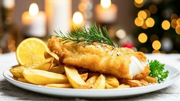 ai généré poisson et frites pour hiver vacances dîner, traditionnel Britanique cuisine recette dans Anglais pays maison, vacances fête et fait maison nourriture photo