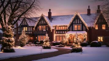 ai généré Noël à le manoir, Anglais campagne style biens dans hiver avec jardin et extérieur paysage décor photo