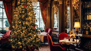 ai généré Noël vacances et Nouveau année fête, dîner table à une luxe Anglais stylé restaurant ou Hôtel intérieur, Noël arbre décoration, vacances fête et un événement invitation photo