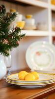 ai généré vaisselle et vaisselle ensemble pour hiver vacances famille dîner, Noël articles ménagers décor pour vacances dans le Anglais pays loger, cadeau ensemble et Accueil coiffant photo