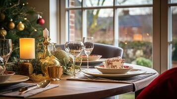 ai généré Noël vacances famille petit-déjeuner, table réglage décor et de fête paysage de table, Anglais pays et Accueil coiffant photo