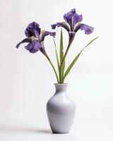 ai généré violet iris fleurs dans une vase sur une blanc Contexte photo