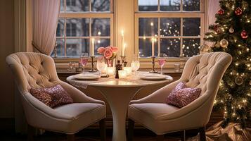 ai généré de fête Date nuit paysage de table idée, dîner table réglage pour deux et Noël, Nouveau année, valentines journée décor, Anglais pays Accueil coiffant photo