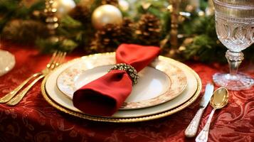 ai généré Noël table décor, vacances paysage de table et dîner table paramètre, formel un événement décoration pour Nouveau année, famille fête, Anglais pays et Accueil coiffant photo