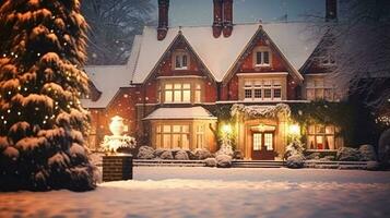 ai généré Noël dans le campagne manoir, Anglais pays maison Manoir décoré pour vacances sur une neigeux hiver soir avec neige et vacances lumières, joyeux Noël et content vacances photo