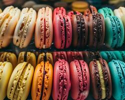 ai généré coloré macarons dans une magasin la fenêtre. sélectif se concentrer. photo