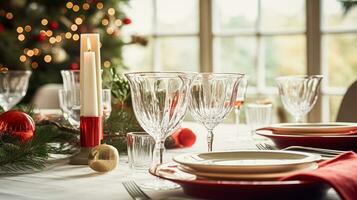 ai généré Noël vacances famille petit-déjeuner, table réglage décor et de fête paysage de table, Anglais pays et Accueil coiffant photo