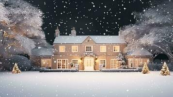 ai généré Noël dans le campagne manoir, Anglais pays maison Manoir décoré pour vacances sur une neigeux hiver soir avec neige et vacances lumières, joyeux Noël et content vacances photo