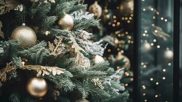 ai généré Noël décoration détails sur Anglais stylé luxe haute rue ville boutique porte ou achats fenêtre afficher, vacances vente et magasin décor photo