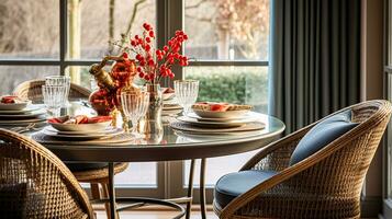 ai généré Noël vacances famille petit-déjeuner, table réglage décor et de fête paysage de table, Anglais pays et Accueil coiffant photo