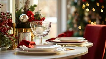 ai généré Noël vacances famille petit-déjeuner, table réglage décor et de fête paysage de table, Anglais pays et Accueil coiffant photo