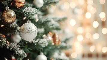 ai généré blanc Noël arbre décoration pour le Anglais pays chalet, Accueil décor, maison dans le campagne et vacances fête photo