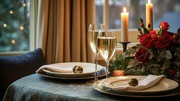 de fête Date nuit paysage de table idée, dîner table réglage pour deux et Noël, Nouveau année, valentines journée décor, Anglais pays Accueil coiffant photo