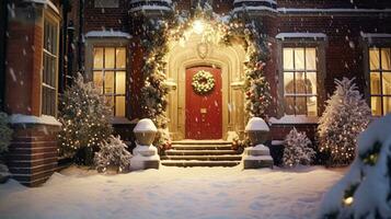 ai généré Noël dans le campagne manoir, Anglais pays maison Manoir décoré pour vacances sur une neigeux hiver soir avec neige et vacances lumières, joyeux Noël et content vacances photo