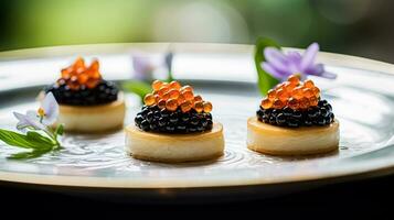 ai généré nourriture, hospitalité et pièce service, entrée apéritifs avec caviar comme exquis cuisine dans Hôtel restaurant une la carte menu, culinaire art et bien à manger photo