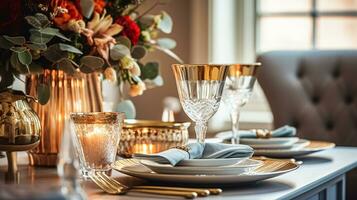 ai généré Noël vacances famille petit-déjeuner, table réglage décor et de fête paysage de table, Anglais pays et Accueil coiffant photo