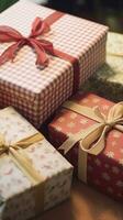 ai généré vacances cadeaux et cadeaux, pays chalet style enveloppé cadeau des boites pour boxe jour, Noël, valentines journée et vacances achats vente, beauté boîte livraison photo